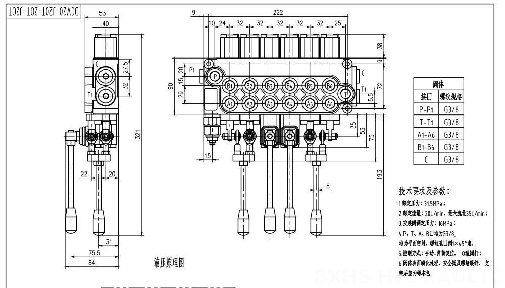 DCV20_Joystick and Manual Manual dan Joystick 6 Spul Kran Arah Monoblok drawing image