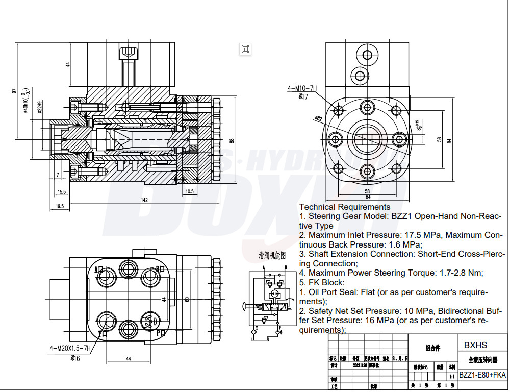 BZZ1-E80+FKA 80ml/r 6L/min Steering Unit Hydraulics drawing image