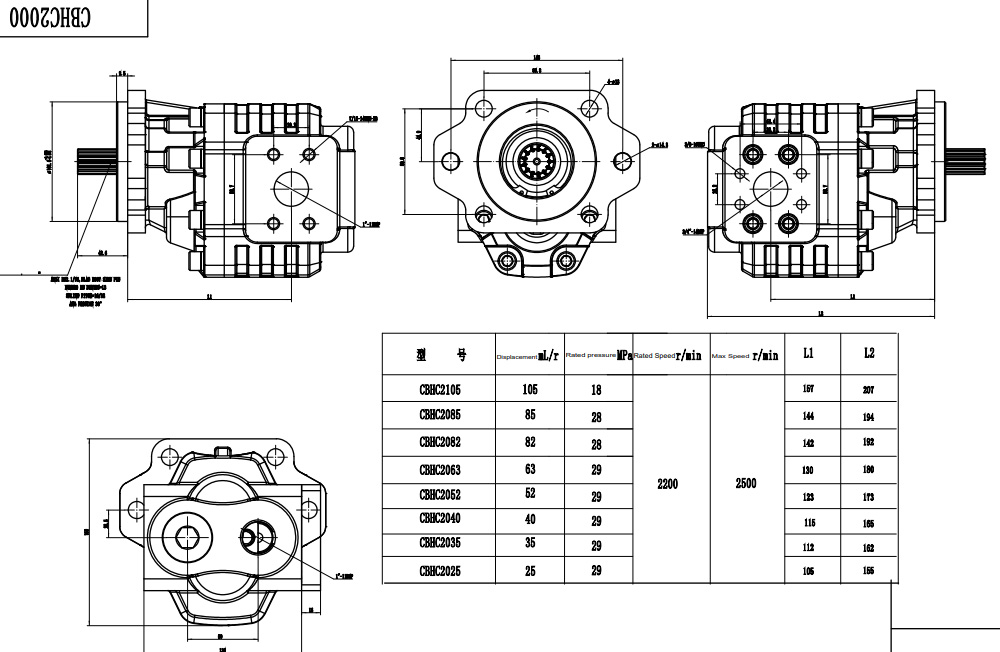 CBHC-2082 82 cc/rev 28 MPa (4061 psi) Pompa Roda Gigi Hidrolik drawing image