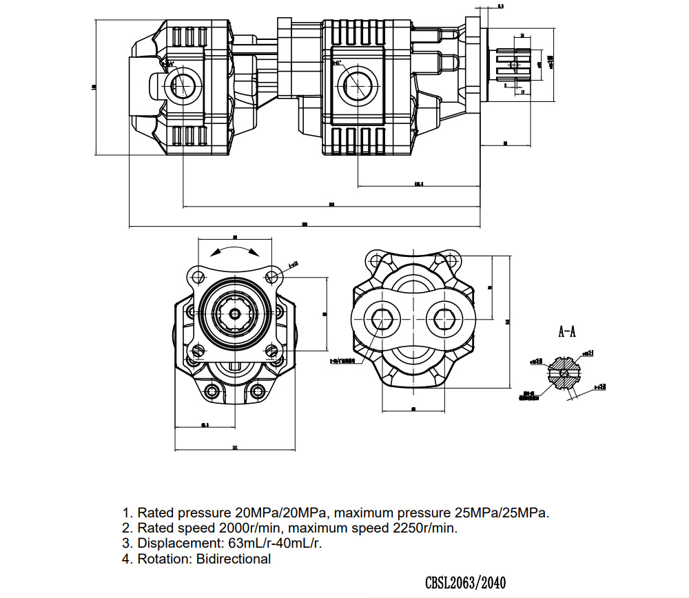 CBSL-2063-2040 63 cc/putaran 20 MPa (2900 psi) Pompa Roda Gigi Hidrolik drawing image
