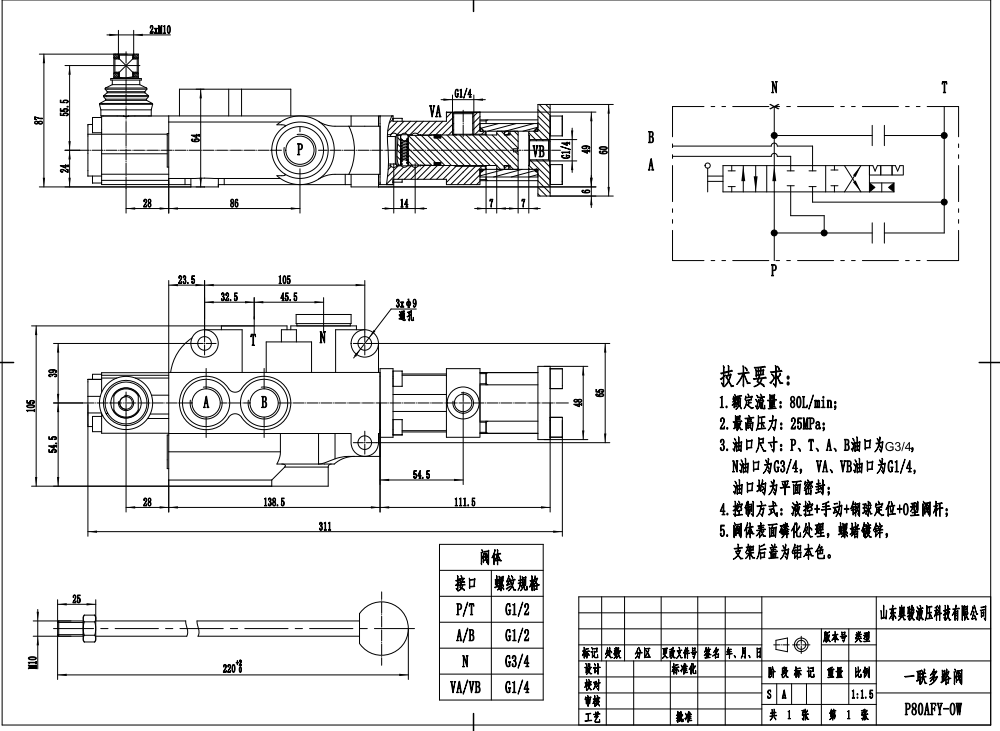 P80F-G34 Hidraulis 1 Spul Katup Arah Monoblok drawing image
