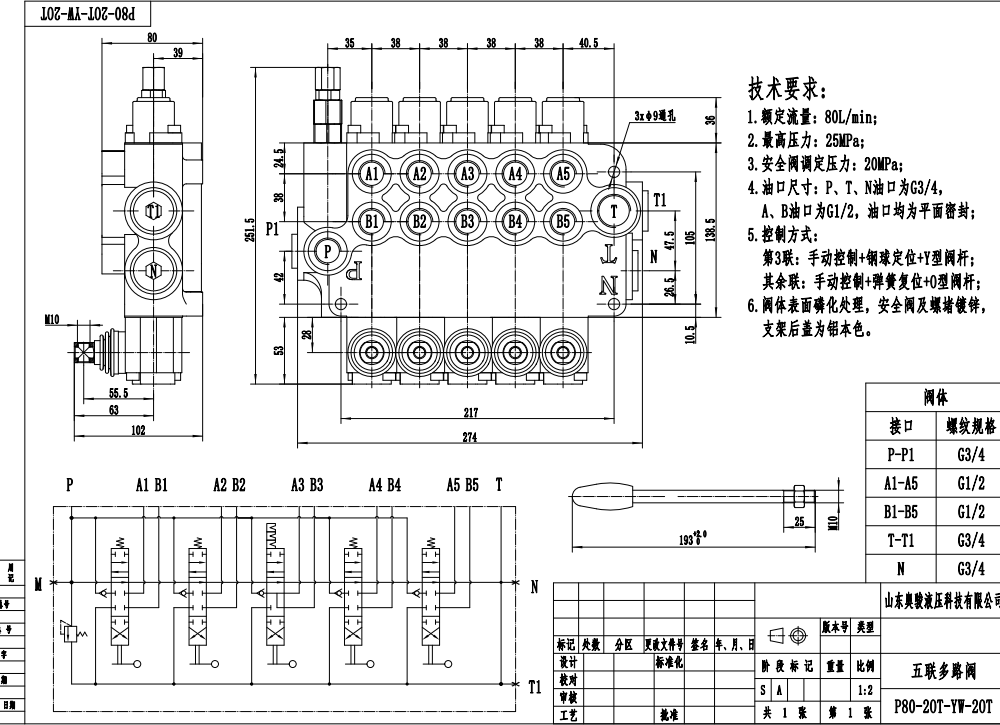 P80-G34-G12-2OT-YW-2OT Katup Arah Monoblok 5 Spool Manual Buku Panduan 5 Spul Katup Arah Monoblok drawing image