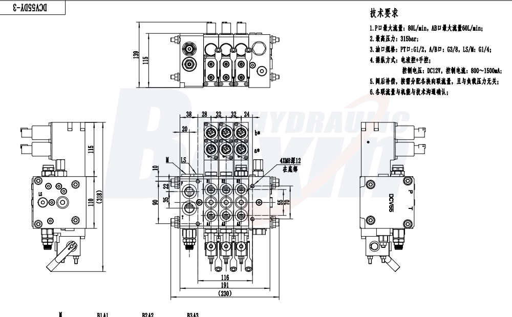 OEM/ODM Services for DCV55 Electro-hydraulic 3 Spool Sectional Directional Valve and Custom Labeling drawing image